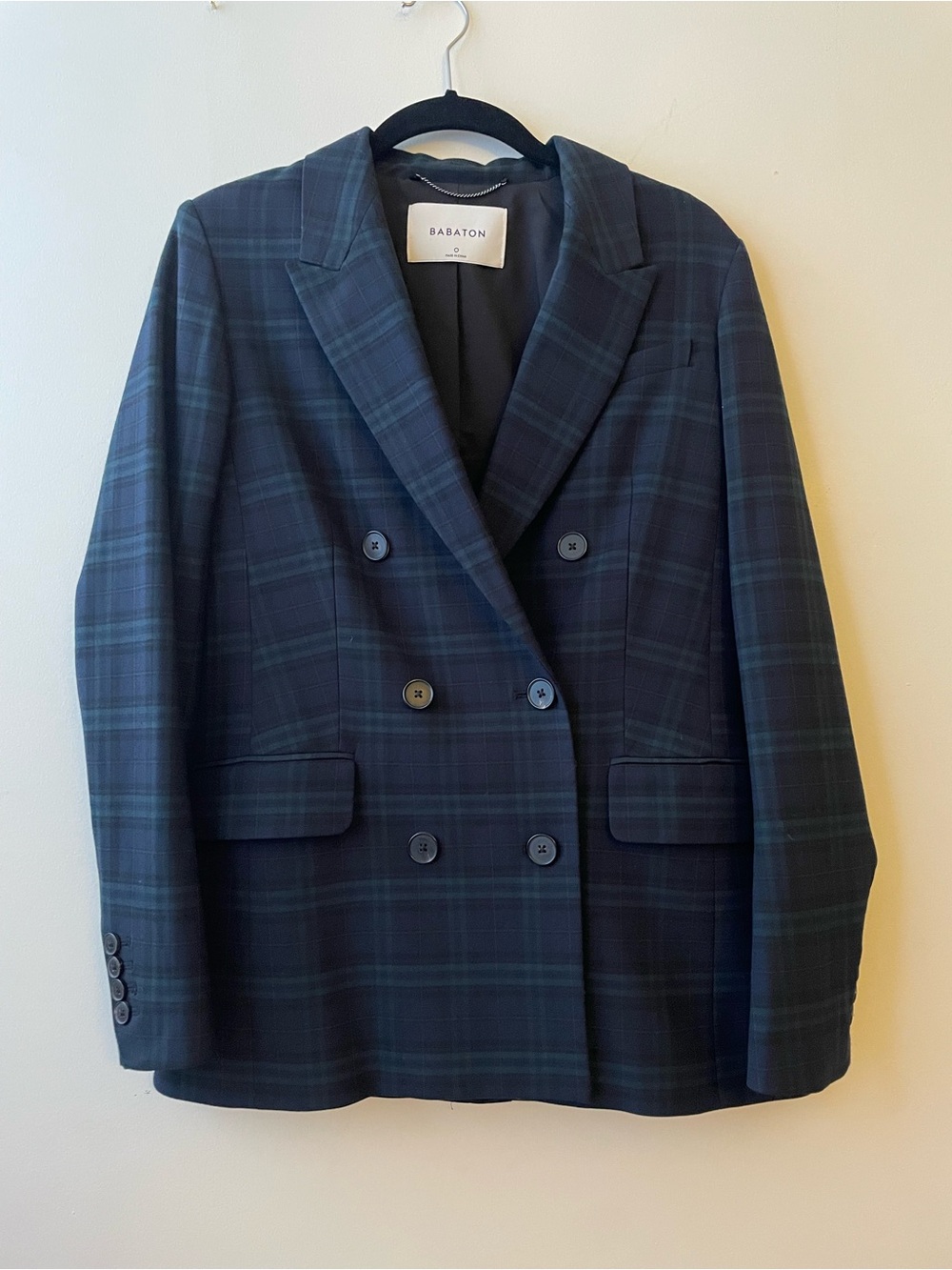 Babaton Navy and Green Plaid Double-Breasted Blazer